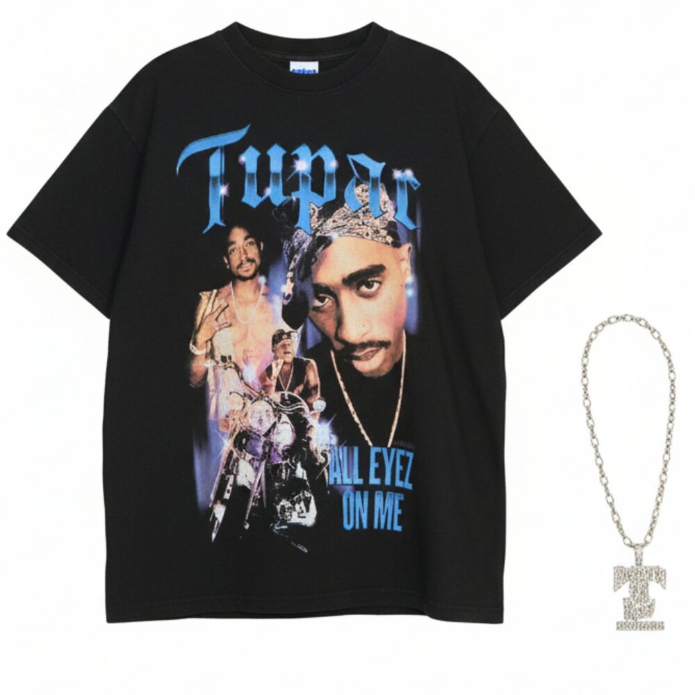 Tupac Black T-Shirt All Eyez on Me with a "Deathrow Records" Faux Chain